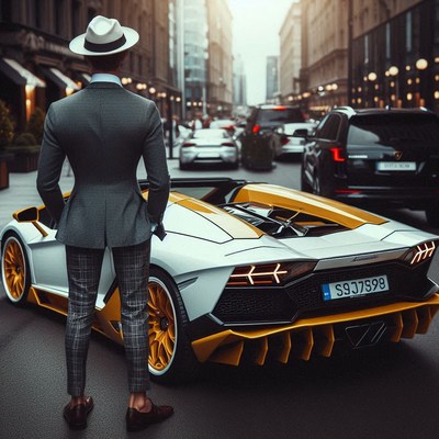 Man in suit with white lamborghini