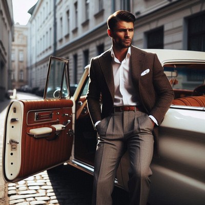 Man in suit leaning on vintage car