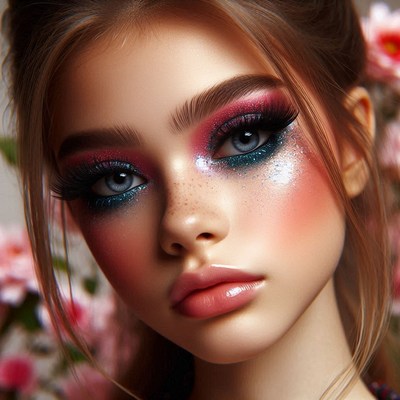 Woman with pink eye makeup and flowers