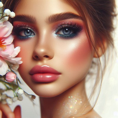 Woman with makeup and pink flowers