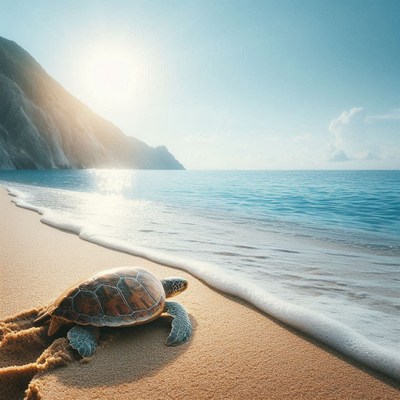 Sea turtle walking on sandy beach at sunrise