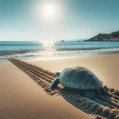 Sea turtle walking on sandy beach