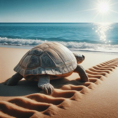 Sea turtle walking on sandy beach