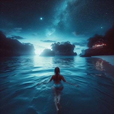 Woman swimming under starry night sky