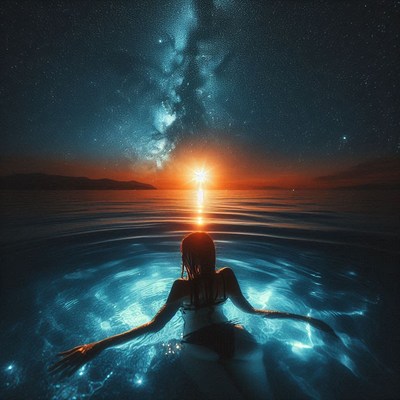 Woman swimming under milky way