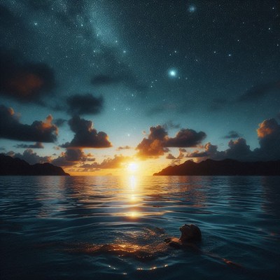 Woman floating in ocean at sunset