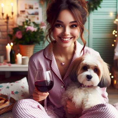 Woman in pajamas holds dog and wine