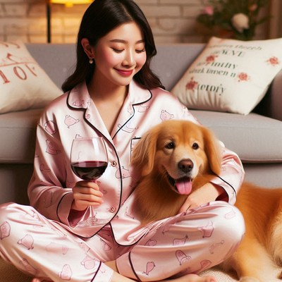 Woman in pjs with wine and dog