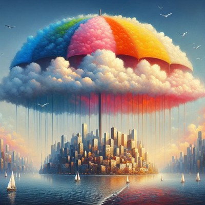 City under rainbow umbrella