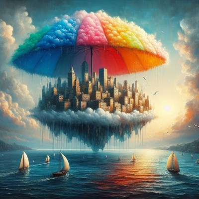 City under a rainbow umbrella