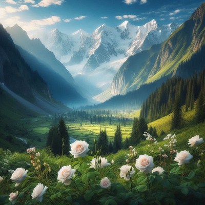 Mountain valley with white roses