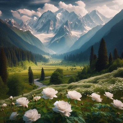 Mountain valley with white roses