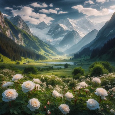 Mountain valley with white roses
