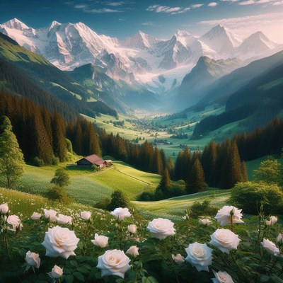 Swiss alps mountain valley view with roses