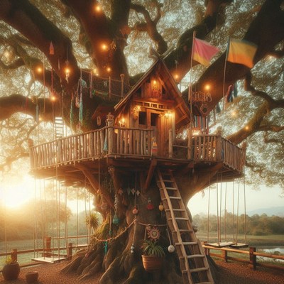Treehouse with swings and lights at sunset