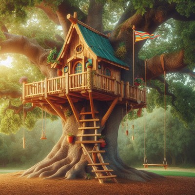 Treehouse with swing set at sunrise