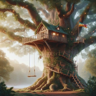 Treehouse in the woods at sunset