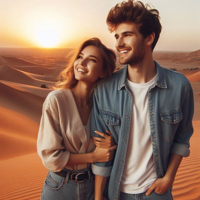 Couple embraces in desert sunset