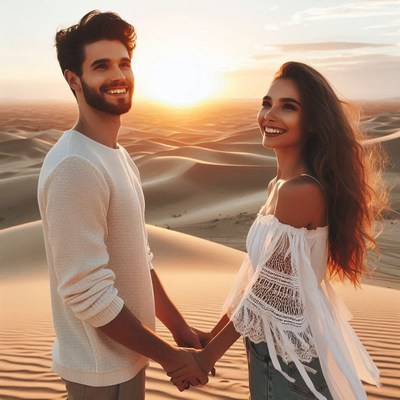 Couple holds hands in desert at sunset