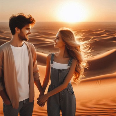Couple holding hands in desert sunset