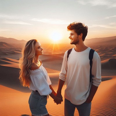 Couple holding hands in desert sunset