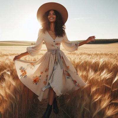 Woman in floral dress walking through field