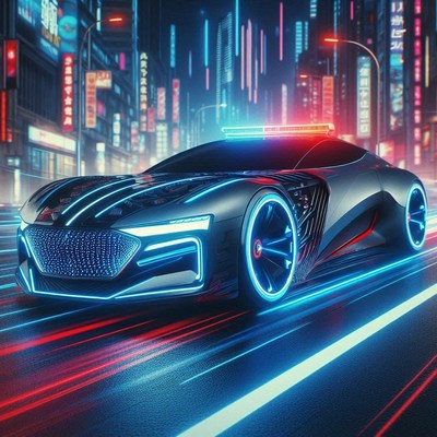Futuristic car driving through neon city