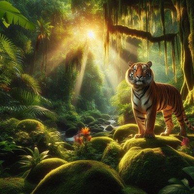 Tiger in a lush rainforest