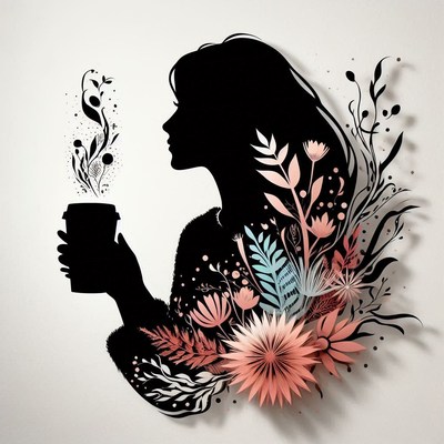 Woman silhouette with coffee and flowers
