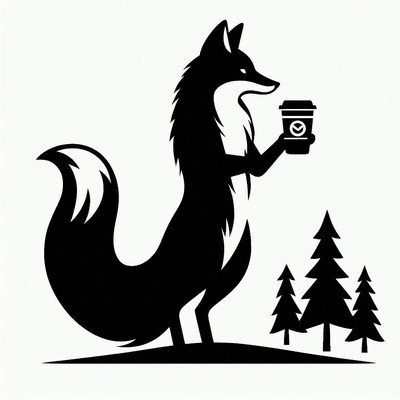 Fox holding coffee cup in forest