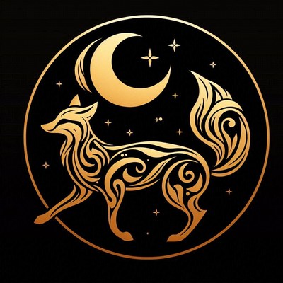 Golden fox under crescent moon