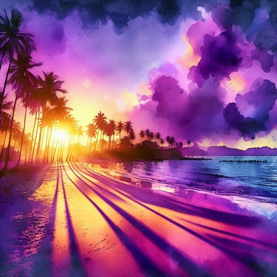 Sunset beach scene with palm trees