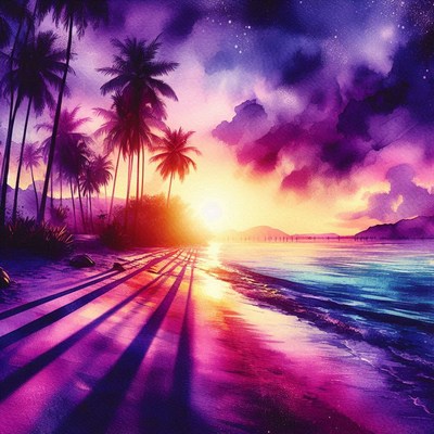 Sunset beach with palm trees
