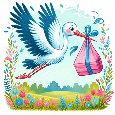 Stork delivering baby gift