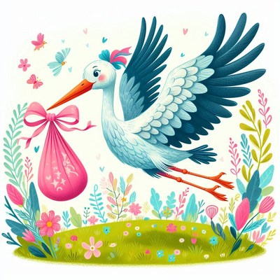 Stork delivering baby in meadow