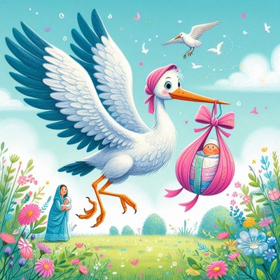 Stork delivers baby in field of flowers