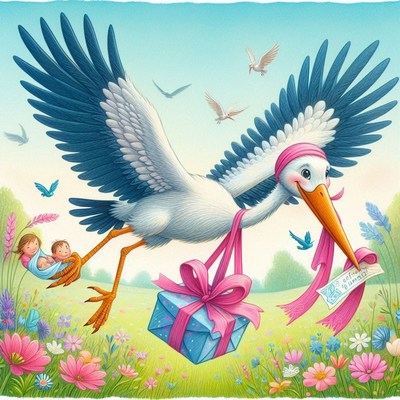 Stork delivering baby gift