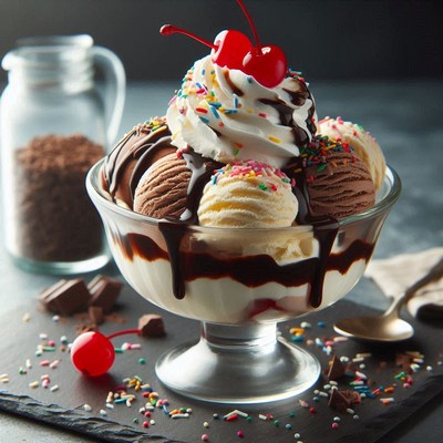 Chocolate sundae with whipped cream and cherries