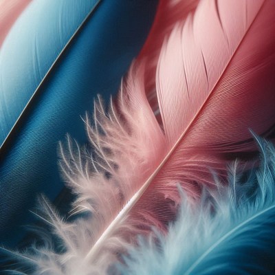 Pink and blue feathers close up