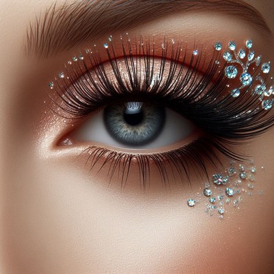Close-up of a woman's eye with glitter and rhinestones