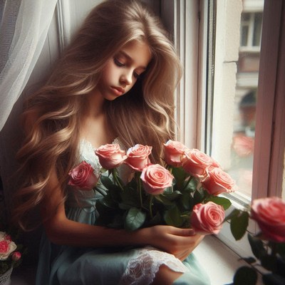 Girl holding roses by window