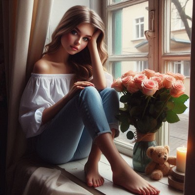 Woman sitting by window with flowers