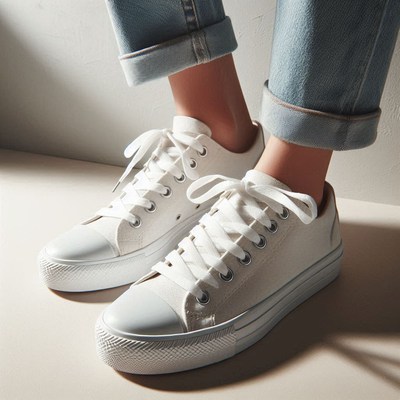 White sneakers with rolled jeans