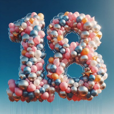 Balloon number eighteen against blue sky