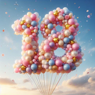 Balloon number 18 against a cloudy sky