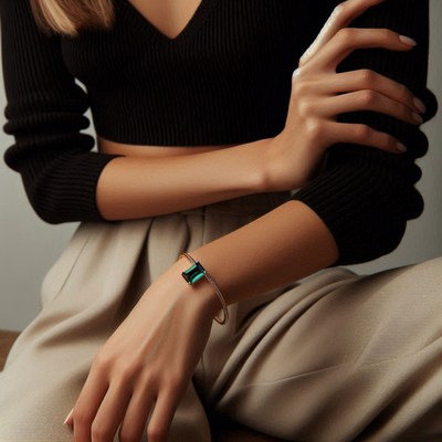 Woman wearing green gemstone bracelet