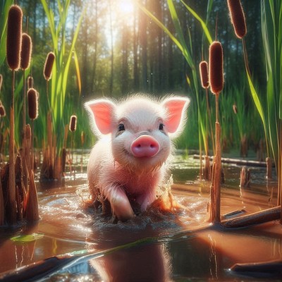 Piglet plays in marsh
