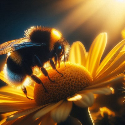 Bumblebee on a daisy in sunlight
