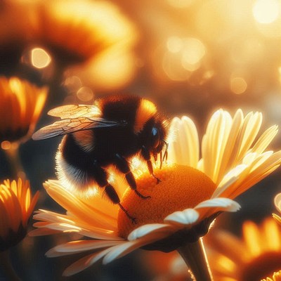 Bumble bee pollinating flower in sunset light