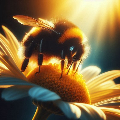 Bumblebee on daisy in sunlight